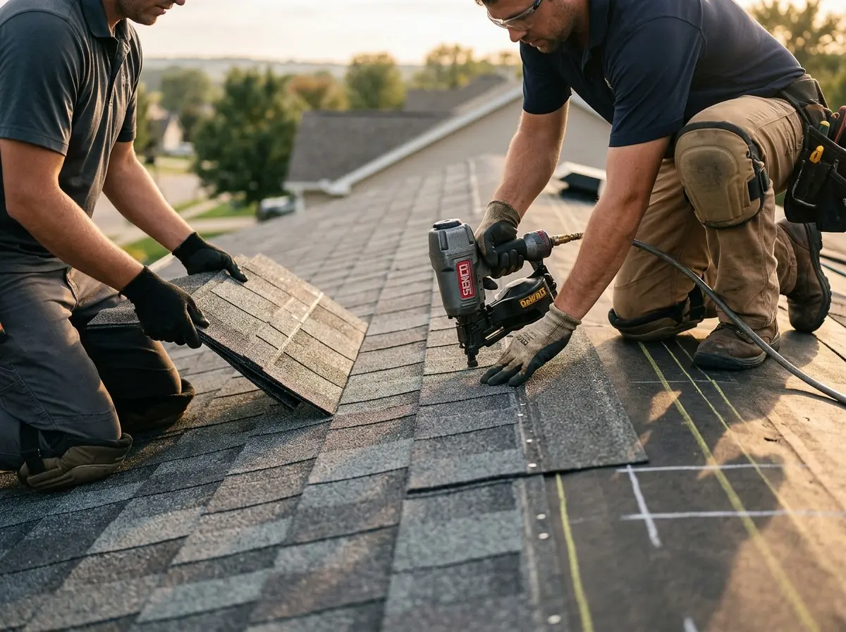 Professional roofer working on a residential roof in Anadarko